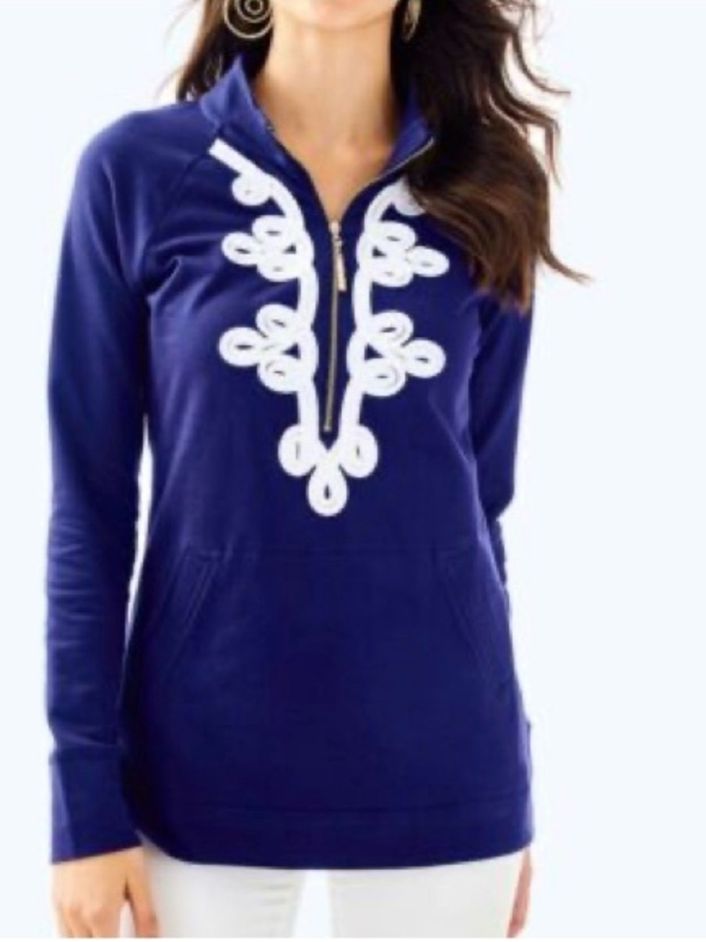 Lilly Pulitzer Navy Skipper Popover Pullover Tunic Half Zip w/ White Rope Trim M